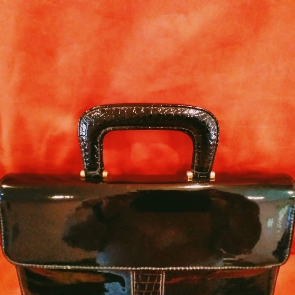 Black Faux Patent Leather Top Handle Vintage Briefcase Style Bag - Picture 7 of 11